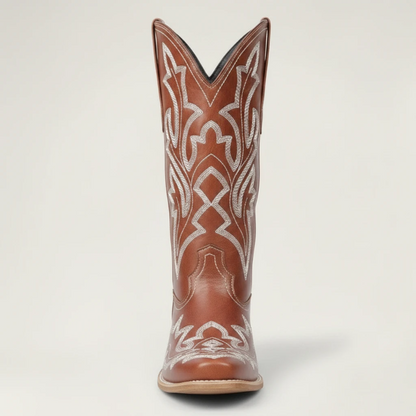 Yehaw brown vegan leather mid-calf cowgirl boots with white western embroidery and a round toe design.