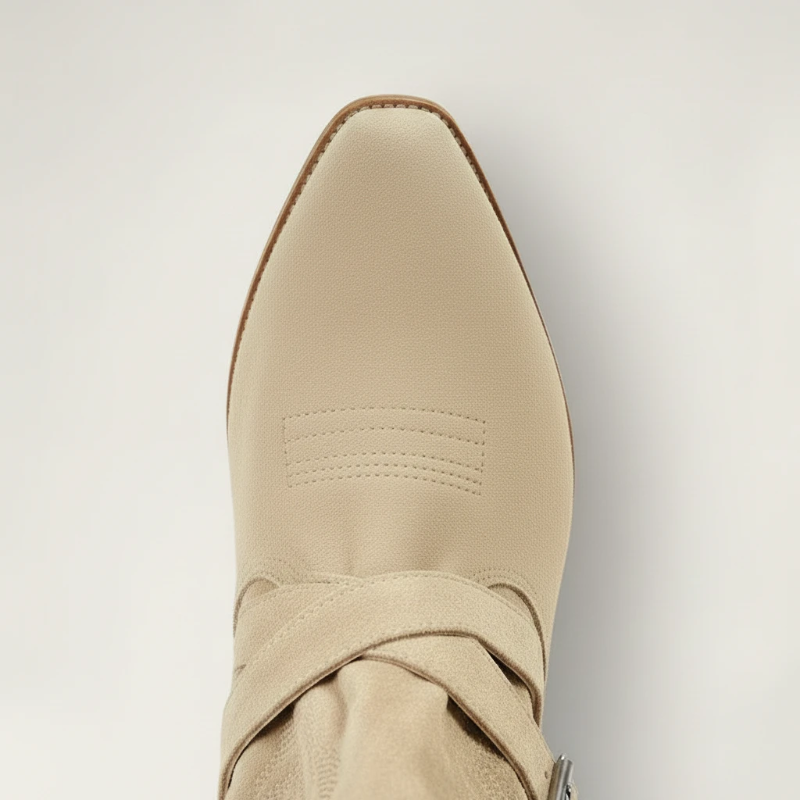 Yehaw beige vegan suede mid-calf cowgirl boots with a round toe, low heel, and decorative buckle strap detail.
