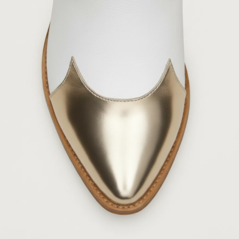 Yehaw SAVANNAH mid-calf cowgirl boots in white and metallic gold vegan leather with a round toe and western stitching.