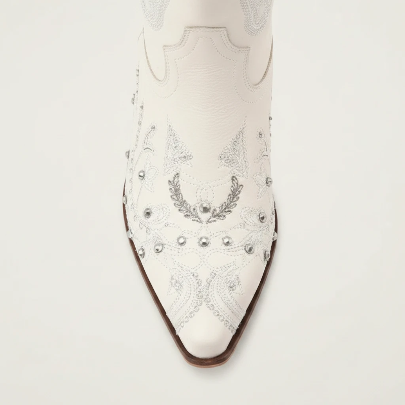 Yehaw beige vegan leather mid-calf cowgirl boots with intricate silver embroidery, side zip, and a pointed toe.