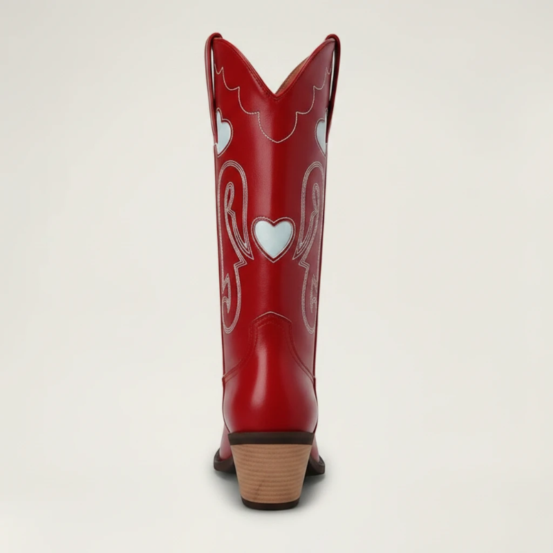 Yehaw red vegan leather mid-calf cowgirl boots with white heart embroidery, pointed toe, and stacked block heel.