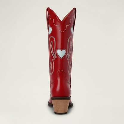 Yehaw red vegan leather mid-calf cowgirl boots with white heart embroidery, pointed toe, and stacked block heel.