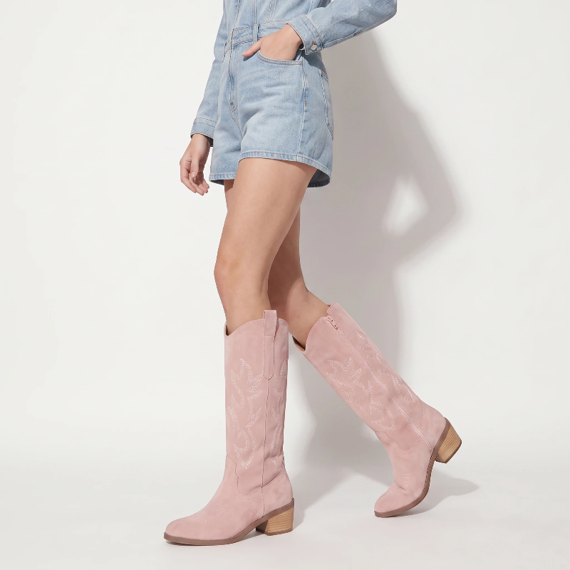 Yehaw pink vegan suede mid-calf cowgirl boots with round toe, western stitching, and medium block heel