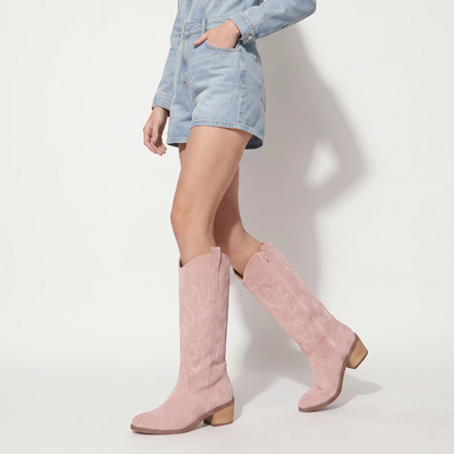 Yehaw pink vegan suede mid-calf cowgirl boots with round toe, western stitching, and medium block heel