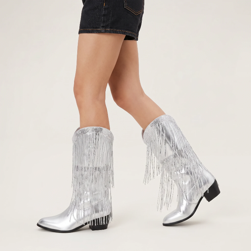Yehaw TAMMIE silver vegan leather mid-calf cowgirl boots with pointed toe and decorative metallic fringe detailing