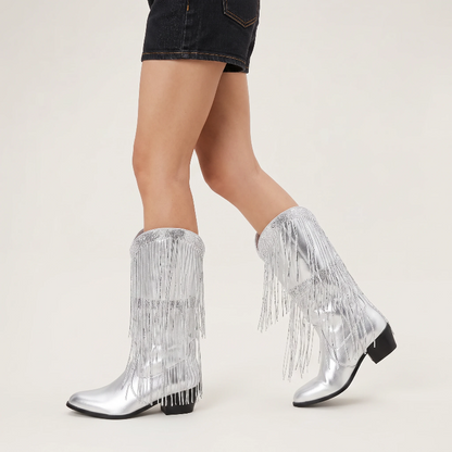 Yehaw TAMMIE silver vegan leather mid-calf cowgirl boots with pointed toe and decorative metallic fringe detailing