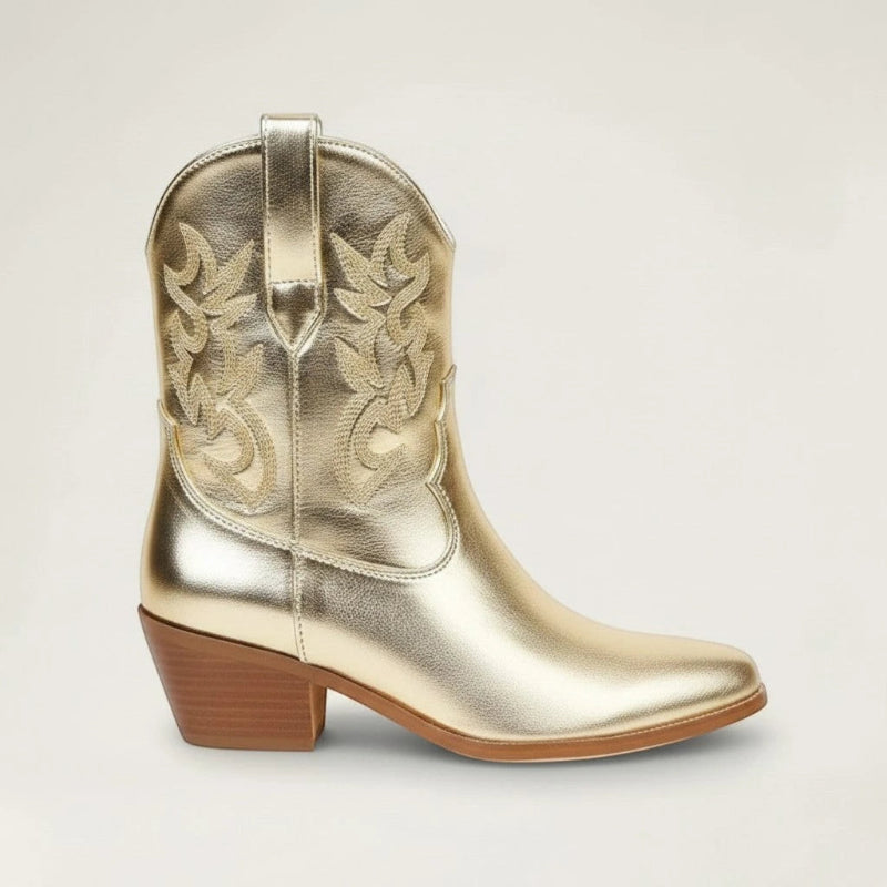 Yehaw CARLA ankle cowgirl boots in metallic gold vegan leather with pointed toe and western embroidery