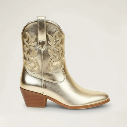 Yehaw CARLA ankle cowgirl boots in metallic gold vegan leather with pointed toe and western embroidery