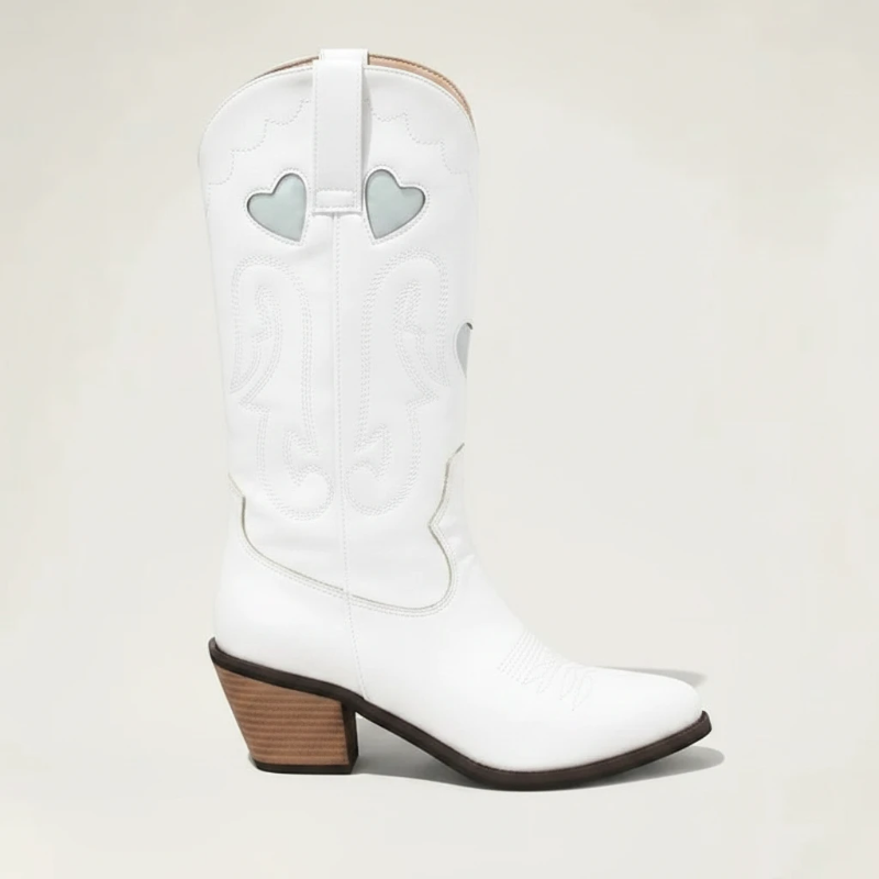 Yehaw ETTA white vegan leather mid-calf cowgirl boots with heart cut-out details and stacked wooden heel, back view