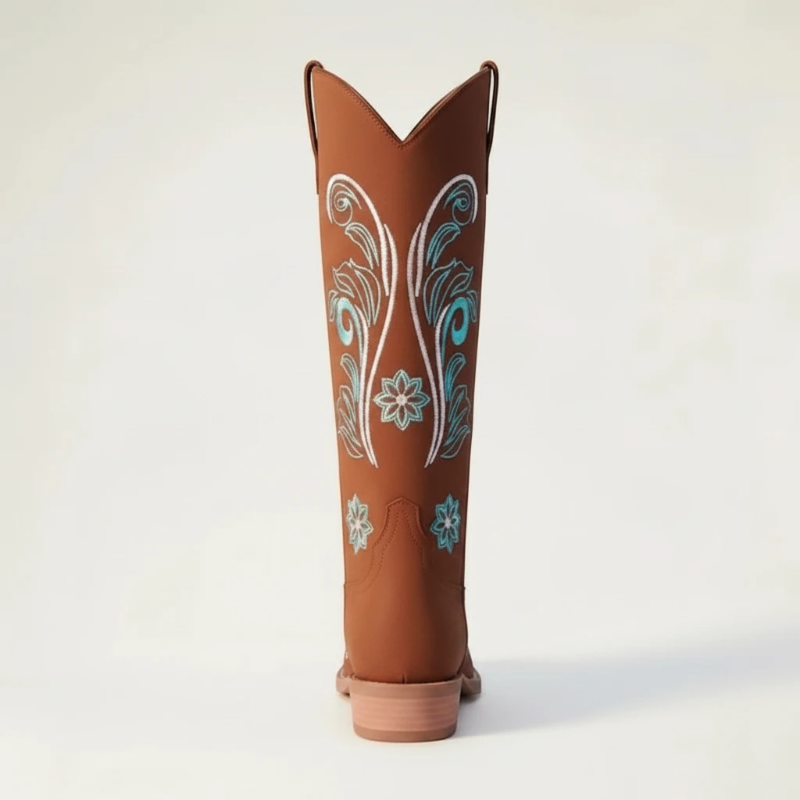 Yehaw Adriana brown vegan suede mid-calf cowgirl boots with light blue and white floral embroidery and round toe