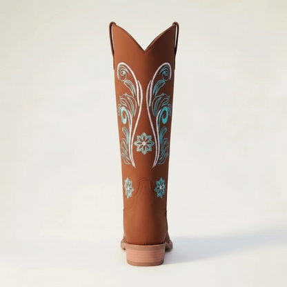 Yehaw Adriana brown vegan suede mid-calf cowgirl boots with light blue and white floral embroidery and round toe