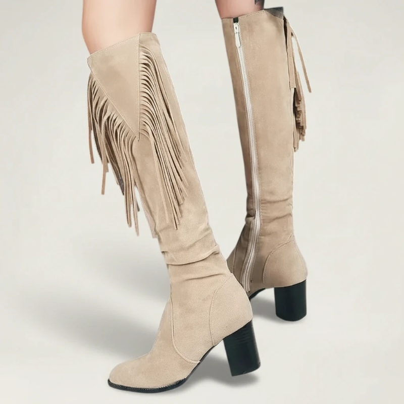 Yehaw LULA beige vegan suede knee-high cowgirl boots with fringe detail and block heel
