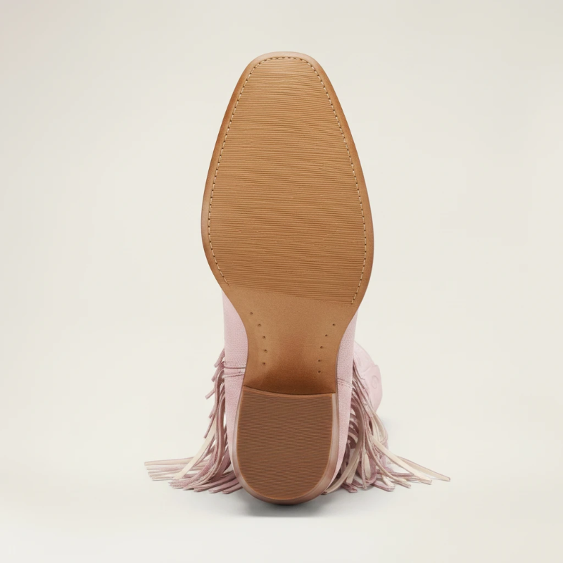 Yehaw pink vegan leather cowgirl boots with fringe and pointed toe, mid-calf height.