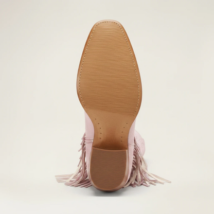 Yehaw pink vegan leather cowgirl boots with fringe and pointed toe, mid-calf height.