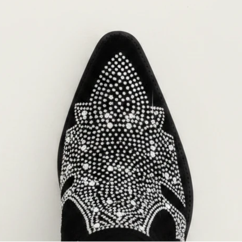 Yehaw BESSIE black vegan suede mid-calf cowgirl boots with pointed toes and silver rhinestone western patterns