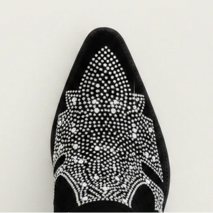 Yehaw BESSIE black vegan suede mid-calf cowgirl boots with pointed toes and silver rhinestone western patterns