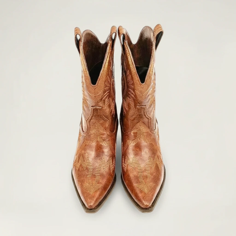Yehaw brown vegan leather ankle cowboy boots with pointed toe, high heel, and decorative western stitching