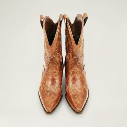 Yehaw brown vegan leather ankle cowboy boots with pointed toe, high heel, and decorative western stitching