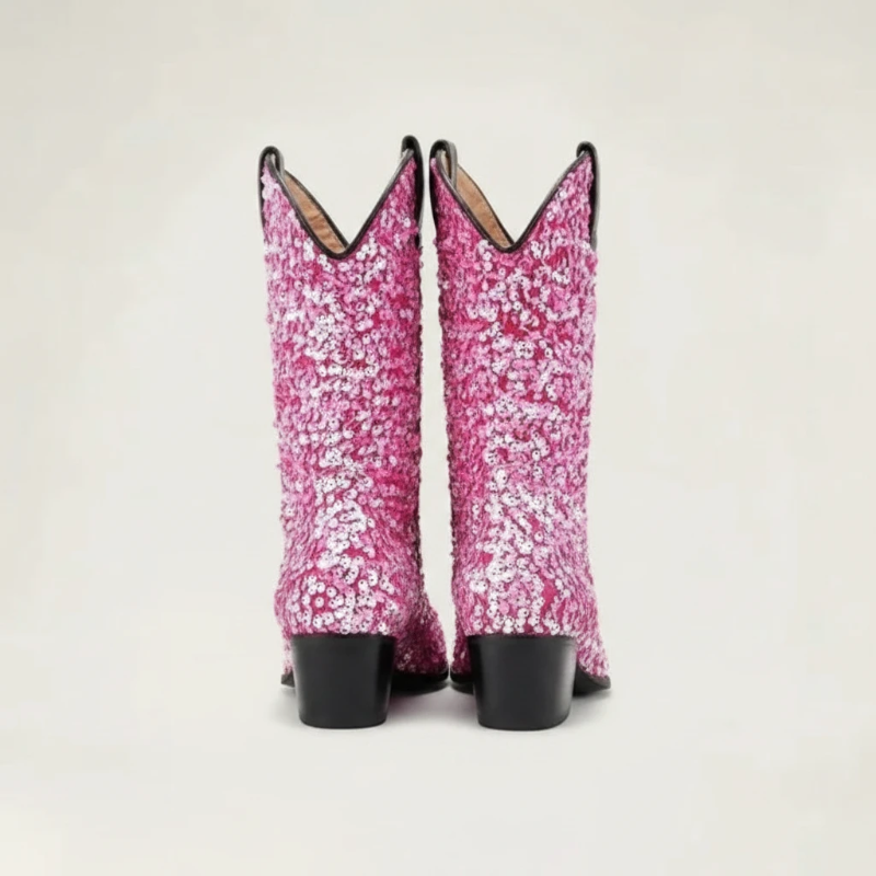 Yehaw pink glitter mid-calf cowgirl boots with a pointed toe and black block heel for women.