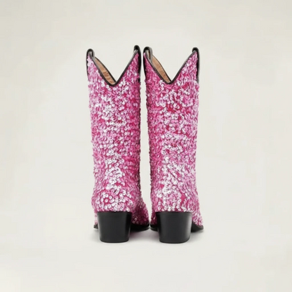 Yehaw pink glitter mid-calf cowgirl boots with a pointed toe and black block heel for women.