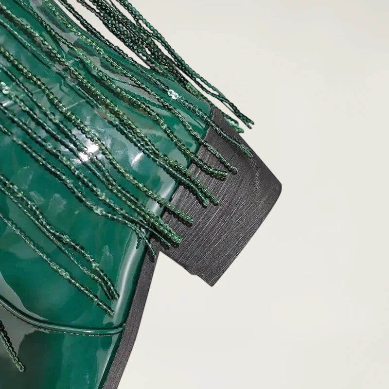 Yehaw TAMMIE green vegan leather mid-calf cowgirl boots with pointed toe and decorative fringe detailing