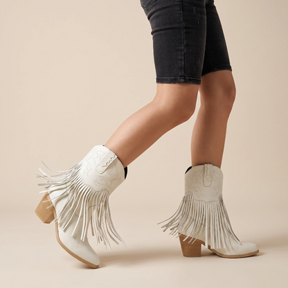 Yehaw DALIA beige vegan leather ankle cowgirl boots with fringe detailing and a medium block heel.