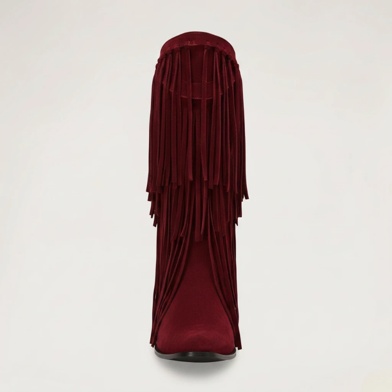 Yehaw red vegan suede mid-calf cowgirl boots with fringe detail and pointed toe