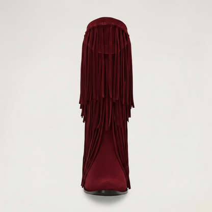 Yehaw red vegan suede mid-calf cowgirl boots with fringe detail and pointed toe