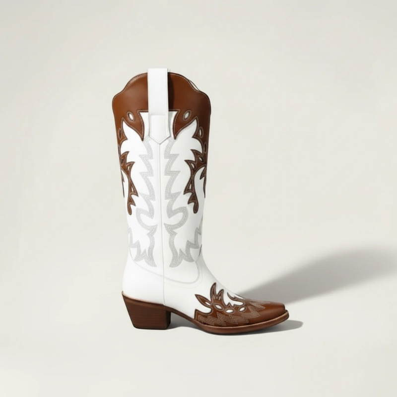 Yehaw PEARL mid-calf cowgirl boots in white and brown vegan leather with pointed toe and western embroidery