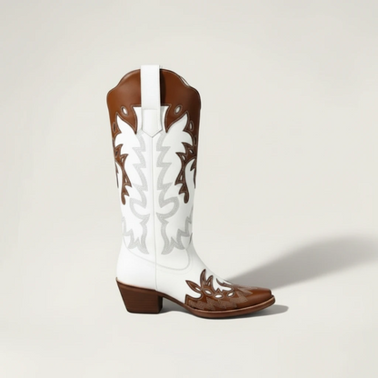 Yehaw PEARL mid-calf cowgirl boots in white and brown vegan leather with pointed toe and western embroidery