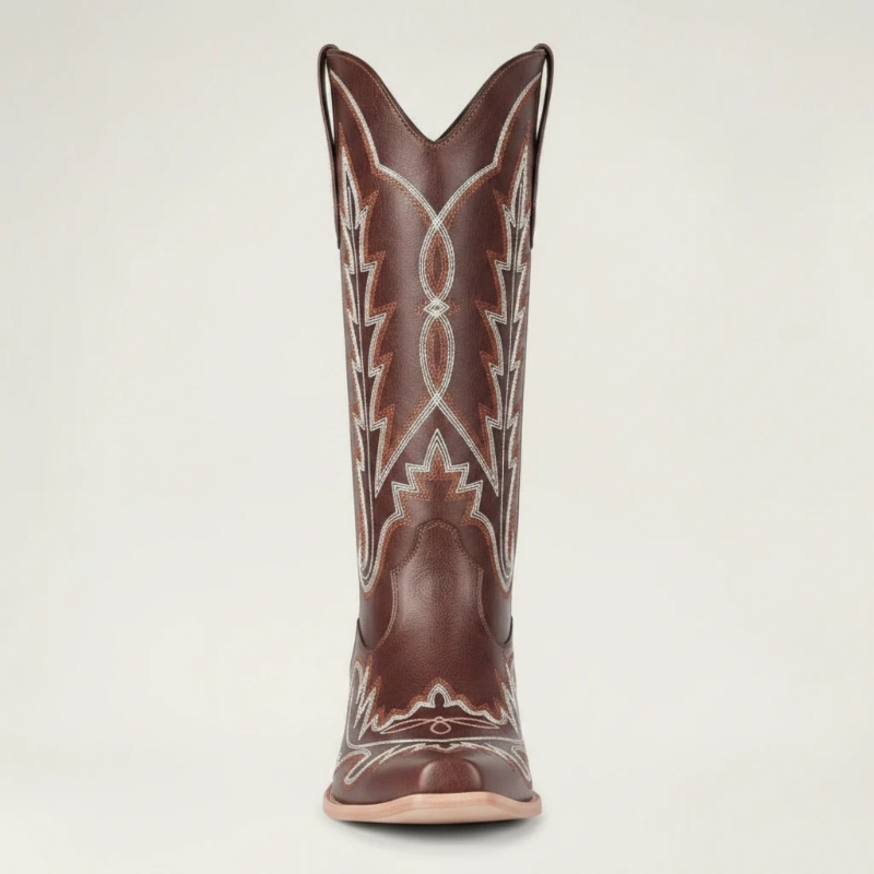 Yehaw SALLY brown vegan leather mid-calf cowgirl boots with white western stitching and a square toe