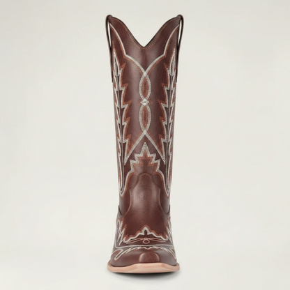 Yehaw SALLY brown vegan leather mid-calf cowgirl boots with white western stitching and a square toe