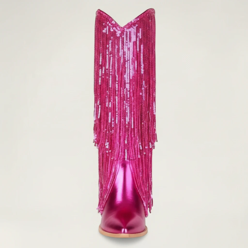 Yehaw pink metallic vegan leather cowgirl boots with long sequin fringe and a pointed toe.