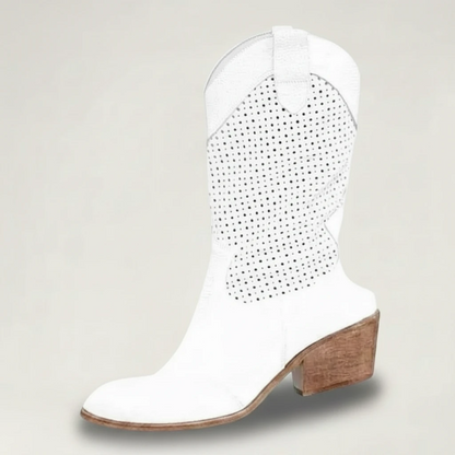 Yehaw white vegan leather cowgirl boots with perforated details and a medium block heel.