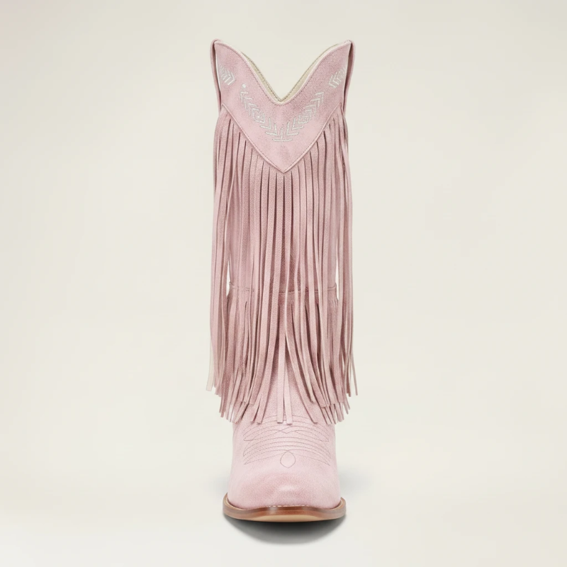 Yehaw pink vegan leather cowgirl boots with fringe and pointed toe, mid-calf height.