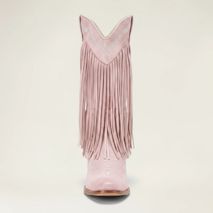 Yehaw pink vegan leather cowgirl boots with fringe and pointed toe, mid-calf height.