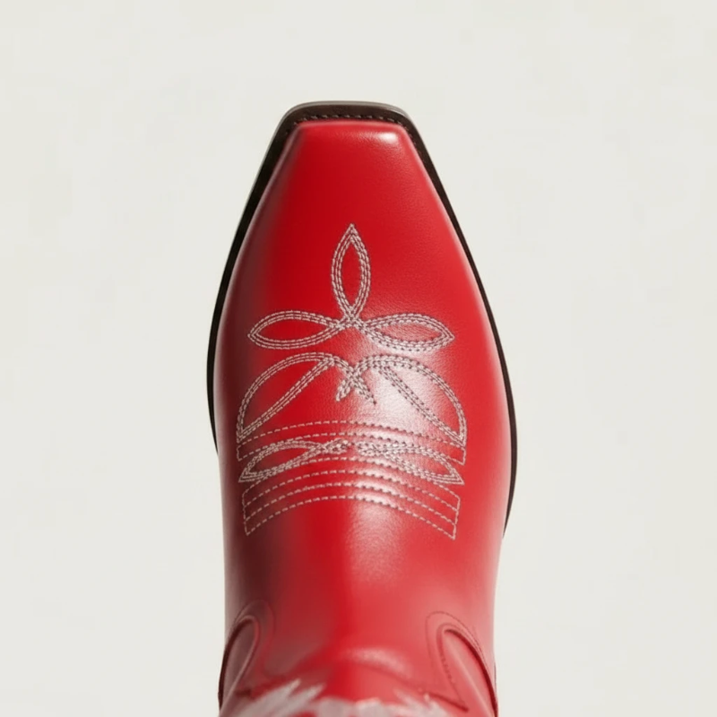 Yehaw BEATRICE red knee-high vegan leather cowgirl boots with white western embroidery and a pointed toe.