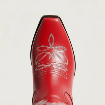 Yehaw BEATRICE red knee-high vegan leather cowgirl boots with white western embroidery and a pointed toe.