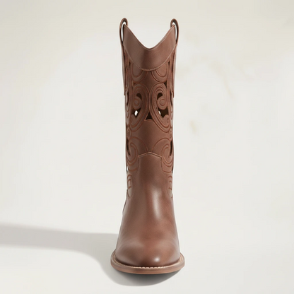 Yehaw Angelica brown vegan leather mid-calf cowgirl boots with intricate western cut-out patterns, back view.