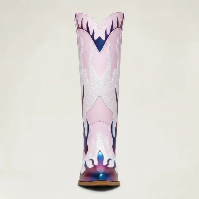 Yehaw GOLDIE pink mid-calf cowgirl boots in vegan leather with glitter flame details and a round toe.