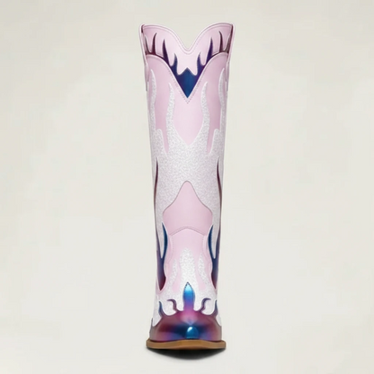 Yehaw GOLDIE pink mid-calf cowgirl boots in vegan leather with glitter flame details and a round toe.