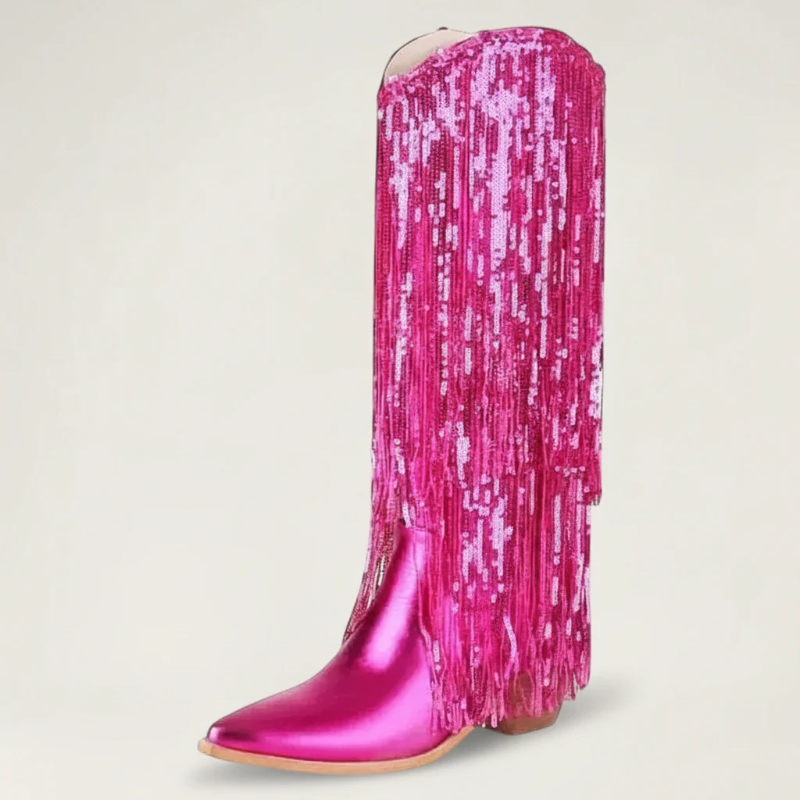 Yehaw pink metallic vegan leather cowgirl boots with long sequin fringe and a pointed toe.