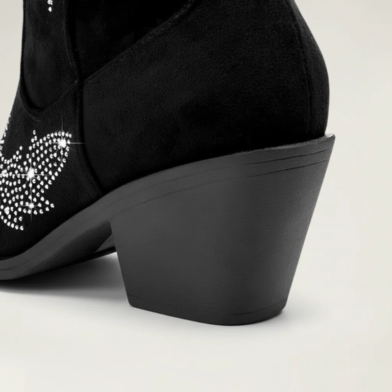 Yehaw BESSIE black vegan suede mid-calf cowgirl boots with pointed toes and silver rhinestone western patterns