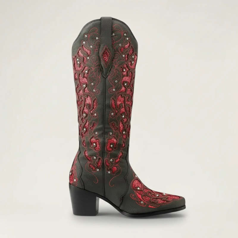 Yehaw Bernarda mid-calf cowgirl boots in black vegan leather with red glitter embroidery and pointed toe design