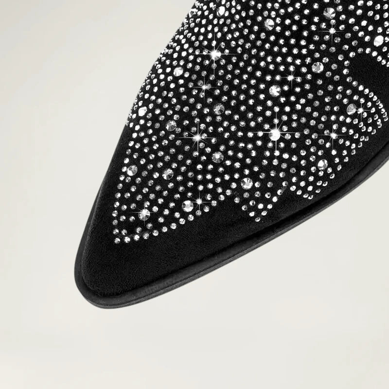 Yehaw BESSIE black vegan suede mid-calf cowgirl boots with pointed toes and silver rhinestone western patterns