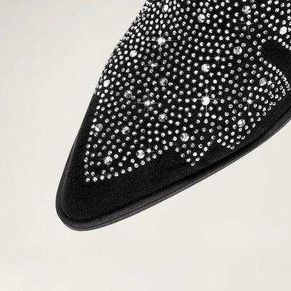 Yehaw BESSIE black vegan suede mid-calf cowgirl boots with pointed toes and silver rhinestone western patterns