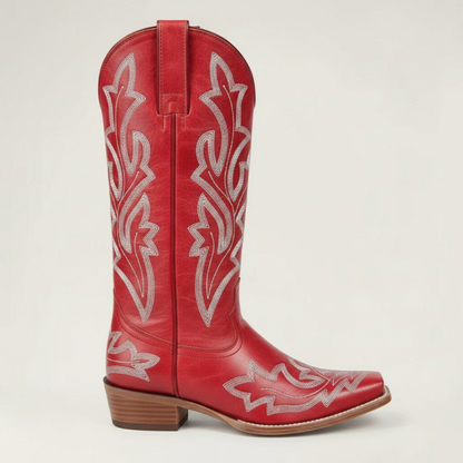 Yehaw red vegan leather mid-calf cowgirl boots with intricate white western embroidery and a medium block heel.