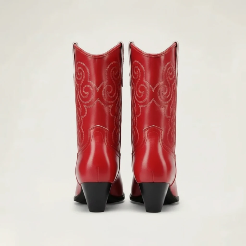Yehaw LENA red vegan leather ankle cowboy boots with pointed toe, western stitching, and high block heel.