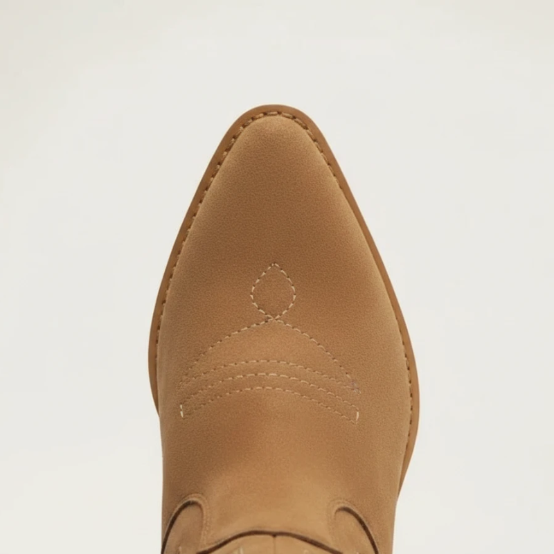 Yehaw brown vegan suede ankle cowboy boots with pointed toe, western stitching, and medium block heel