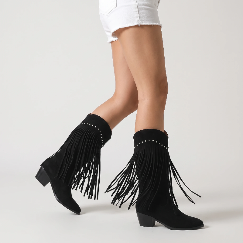 Yehaw BELLA black vegan leather mid-calf cowgirl boots with pointed toe, fringe detail, and silver stud accents.